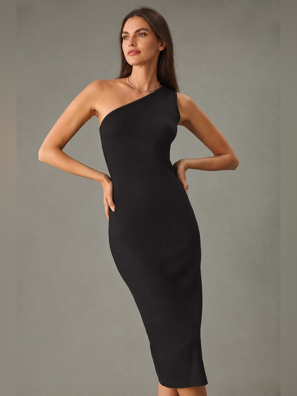 New Anthropologie Sz Md Stateside One-Shoulder Midi Dress Black Ribbed